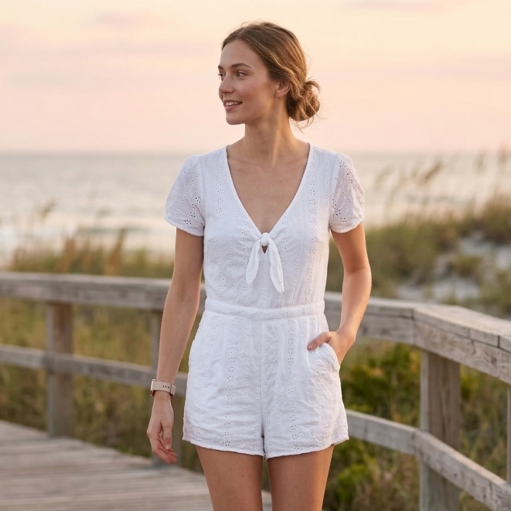 Hollister Women's Coastal Cowgirl White Eyelet Romper Size S/M